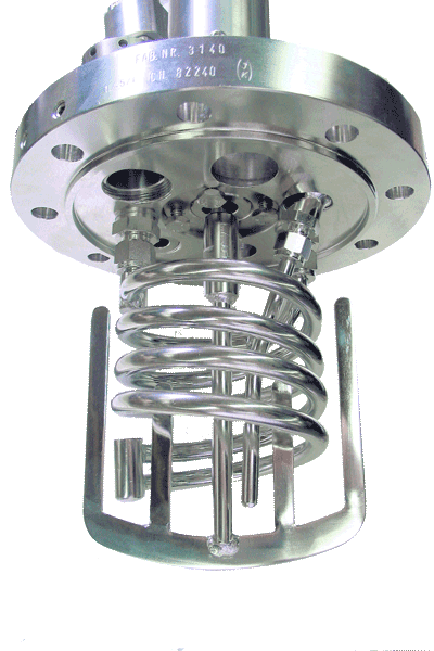 Sonderanfertigung Laborreaktor mit Kühlspirale im Rührerbereich aus Edelstahl